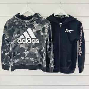 Adidas Boys Core Camo Hoodie & Reebok Sleeve Logo Victory Sweatshirt Lot Medium